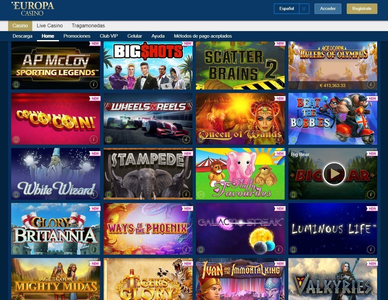 Colección de los juegos del Europa Casino