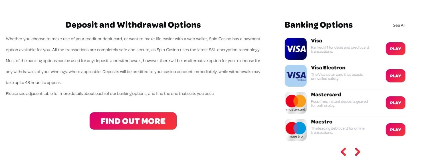 Spin Casino Métodos de pago